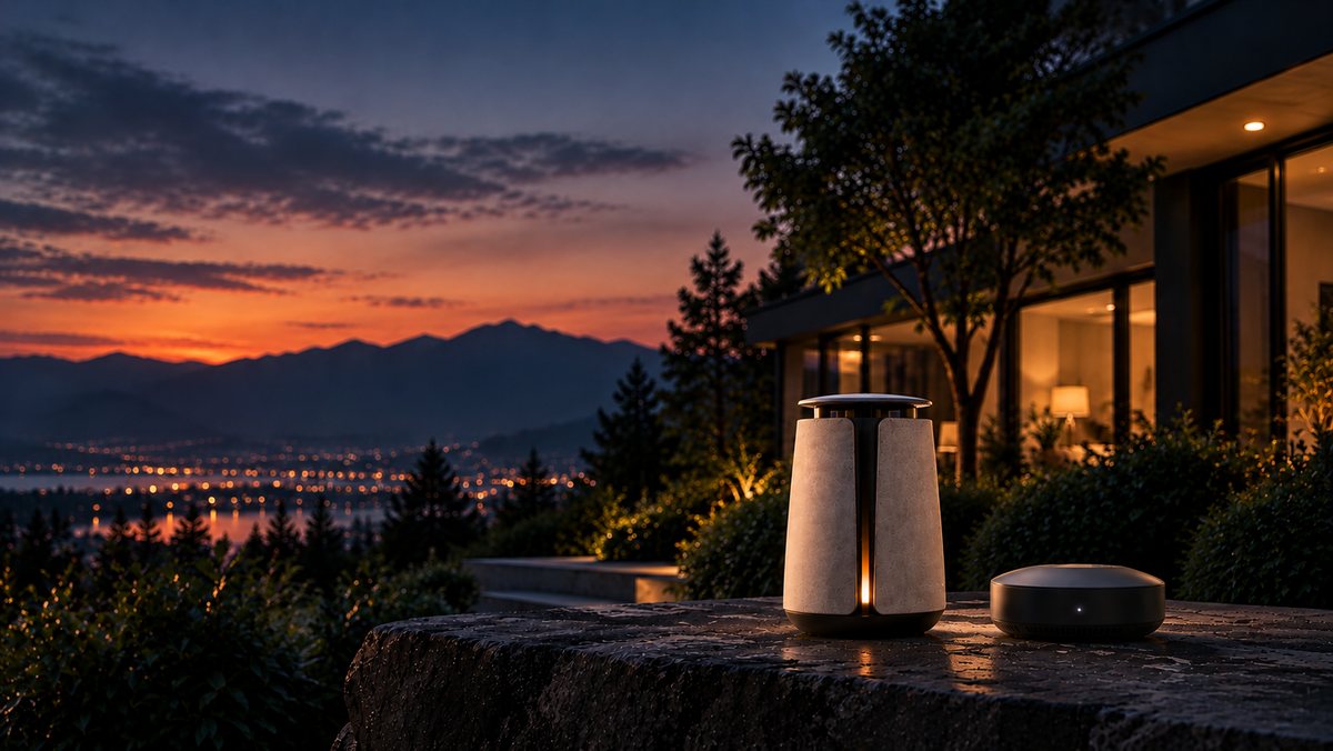 Dusk over a hillside home with mountains and city lights in the distance. On a stone ledge in the foreground stand the two VANTIL prototype nodes: Sentinel, a tall cream and bronze cylinder with a glowing seam, and Scout, a low, dark, rounded disc.