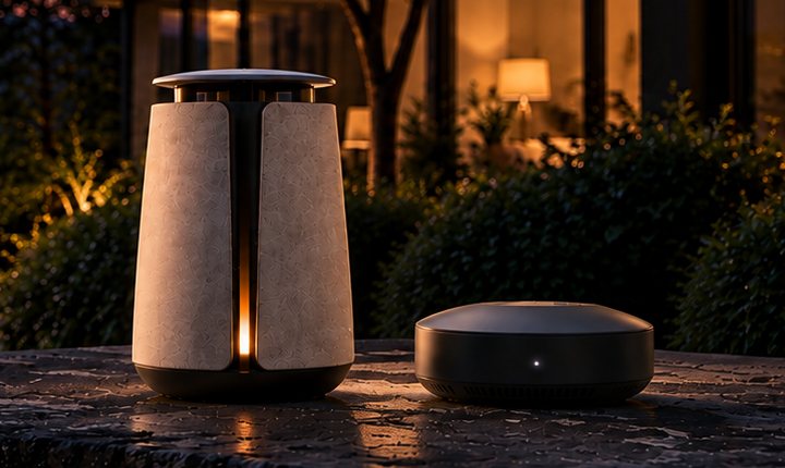 The VANTIL prototype nodes on a stone ledge at dusk: Sentinel, a tall cream and bronze cylinder with a glowing seam, beside Scout, a low, dark, rounded disc.